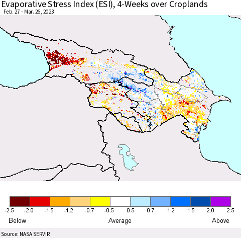 Azerbaijan, Armenia and Georgia Evaporative Stress Index (ESI), 4-Weeks over Croplands Thematic Map For 3/20/2023 - 3/26/2023