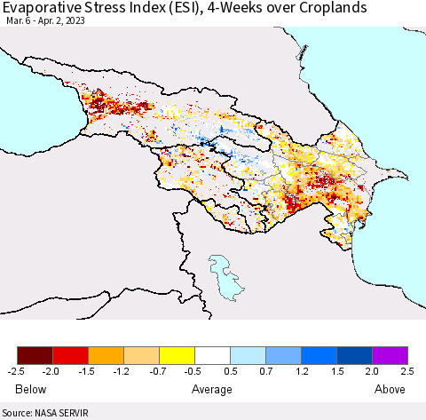Azerbaijan, Armenia and Georgia Evaporative Stress Index (ESI), 4-Weeks over Croplands Thematic Map For 3/27/2023 - 4/2/2023