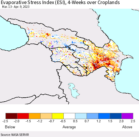 Azerbaijan, Armenia and Georgia Evaporative Stress Index (ESI), 4-Weeks over Croplands Thematic Map For 4/3/2023 - 4/9/2023