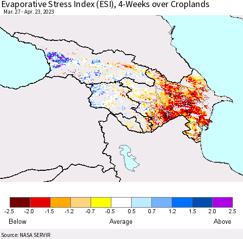 Azerbaijan, Armenia and Georgia Evaporative Stress Index (ESI), 4-Weeks over Croplands Thematic Map For 4/17/2023 - 4/23/2023