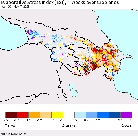 Azerbaijan, Armenia and Georgia Evaporative Stress Index (ESI), 4-Weeks over Croplands Thematic Map For 5/1/2023 - 5/7/2023