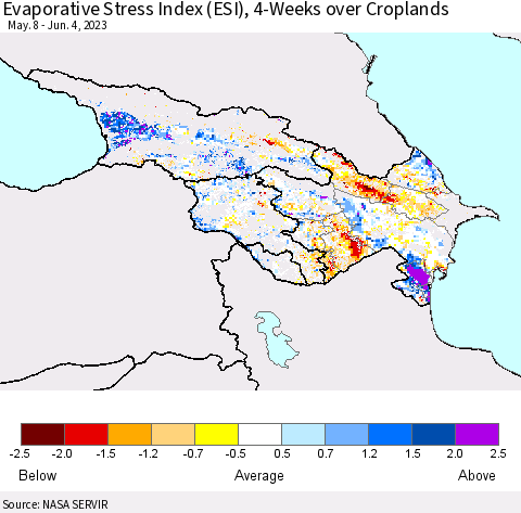 Azerbaijan, Armenia and Georgia Evaporative Stress Index (ESI), 4-Weeks over Croplands Thematic Map For 5/29/2023 - 6/4/2023