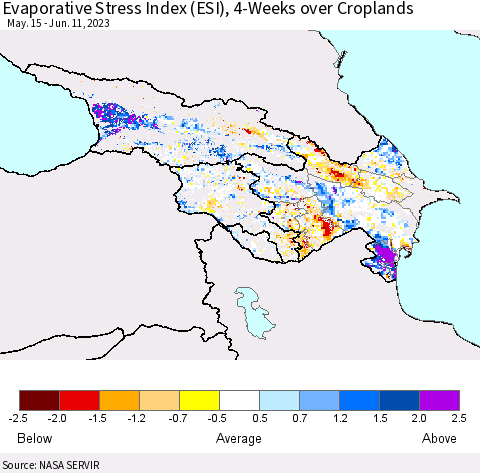 Azerbaijan, Armenia and Georgia Evaporative Stress Index (ESI), 4-Weeks over Croplands Thematic Map For 6/5/2023 - 6/11/2023