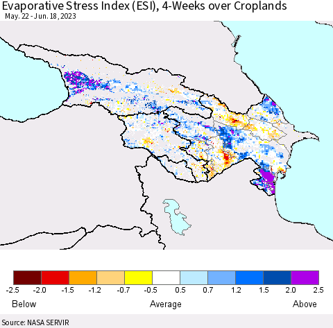 Azerbaijan, Armenia and Georgia Evaporative Stress Index (ESI), 4-Weeks over Croplands Thematic Map For 6/12/2023 - 6/18/2023
