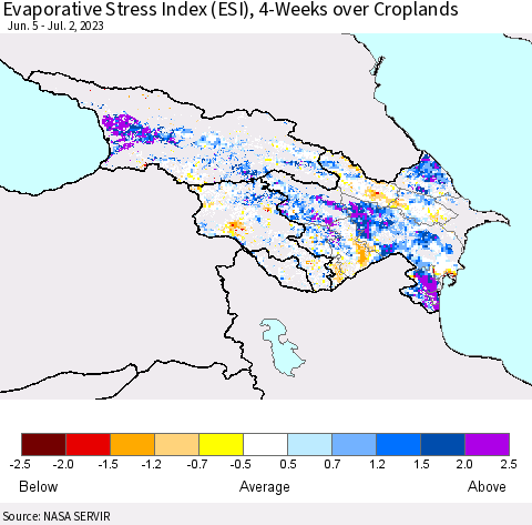 Azerbaijan, Armenia and Georgia Evaporative Stress Index (ESI), 4-Weeks over Croplands Thematic Map For 6/26/2023 - 7/2/2023