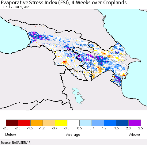 Azerbaijan, Armenia and Georgia Evaporative Stress Index (ESI), 4-Weeks over Croplands Thematic Map For 7/3/2023 - 7/9/2023