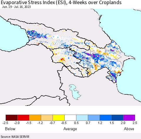Azerbaijan, Armenia and Georgia Evaporative Stress Index (ESI), 4-Weeks over Croplands Thematic Map For 7/10/2023 - 7/16/2023