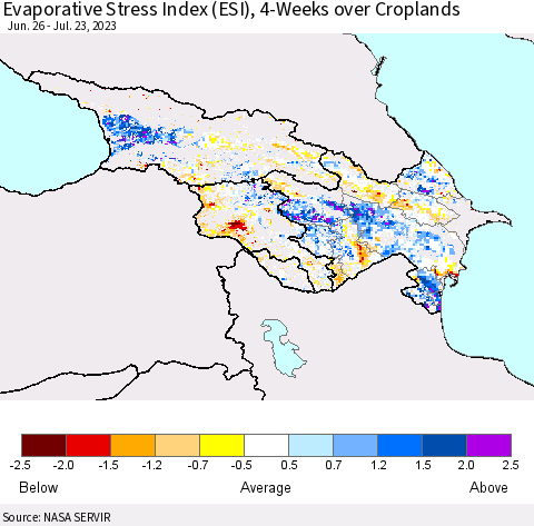 Azerbaijan, Armenia and Georgia Evaporative Stress Index (ESI), 4-Weeks over Croplands Thematic Map For 7/17/2023 - 7/23/2023