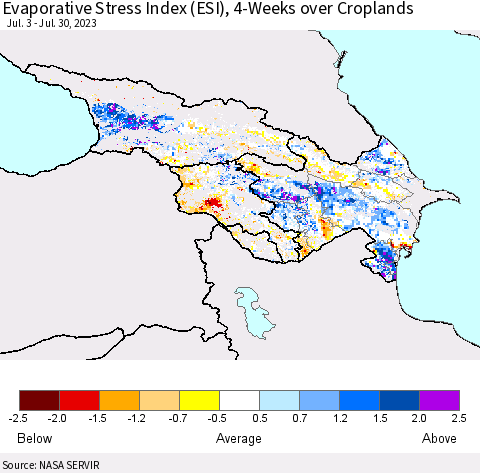 Azerbaijan, Armenia and Georgia Evaporative Stress Index (ESI), 4-Weeks over Croplands Thematic Map For 7/24/2023 - 7/30/2023