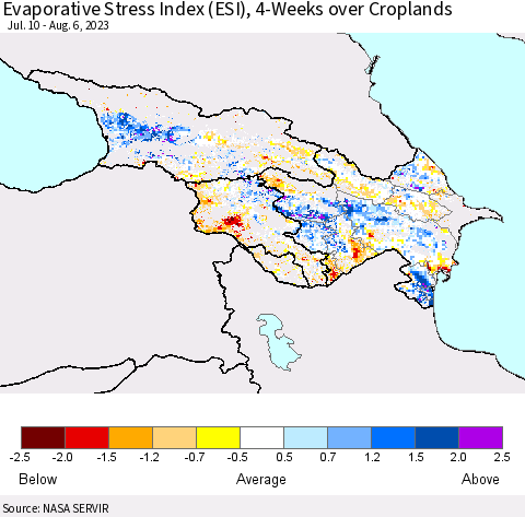 Azerbaijan, Armenia and Georgia Evaporative Stress Index (ESI), 4-Weeks over Croplands Thematic Map For 7/31/2023 - 8/6/2023