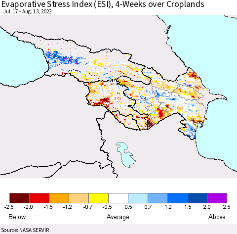Azerbaijan, Armenia and Georgia Evaporative Stress Index (ESI), 4-Weeks over Croplands Thematic Map For 8/7/2023 - 8/13/2023