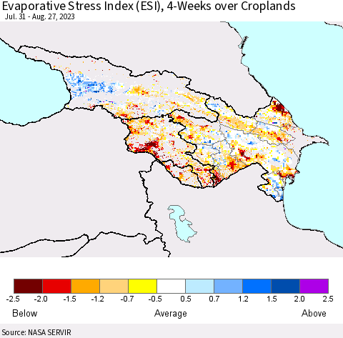 Azerbaijan, Armenia and Georgia Evaporative Stress Index (ESI), 4-Weeks over Croplands Thematic Map For 8/21/2023 - 8/27/2023