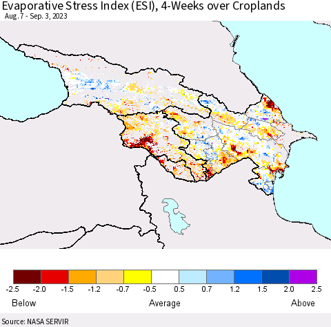 Azerbaijan, Armenia and Georgia Evaporative Stress Index (ESI), 4-Weeks over Croplands Thematic Map For 8/28/2023 - 9/3/2023