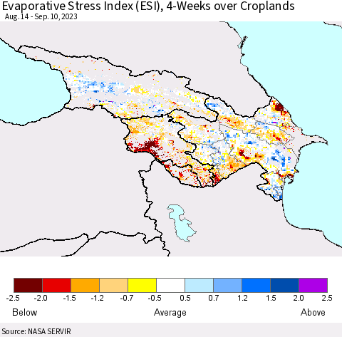 Azerbaijan, Armenia and Georgia Evaporative Stress Index (ESI), 4-Weeks over Croplands Thematic Map For 9/4/2023 - 9/10/2023