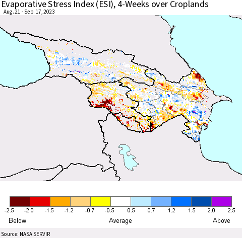 Azerbaijan, Armenia and Georgia Evaporative Stress Index (ESI), 4-Weeks over Croplands Thematic Map For 9/11/2023 - 9/17/2023