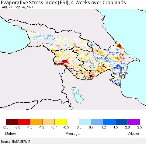 Azerbaijan, Armenia and Georgia Evaporative Stress Index (ESI), 4-Weeks over Croplands Thematic Map For 9/18/2023 - 9/24/2023