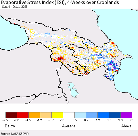 Azerbaijan, Armenia and Georgia Evaporative Stress Index (ESI), 4-Weeks over Croplands Thematic Map For 9/25/2023 - 10/1/2023