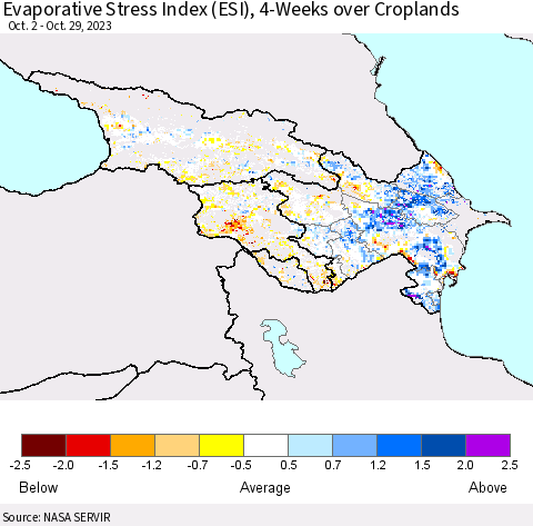 Azerbaijan, Armenia and Georgia Evaporative Stress Index (ESI), 4-Weeks over Croplands Thematic Map For 10/23/2023 - 10/29/2023