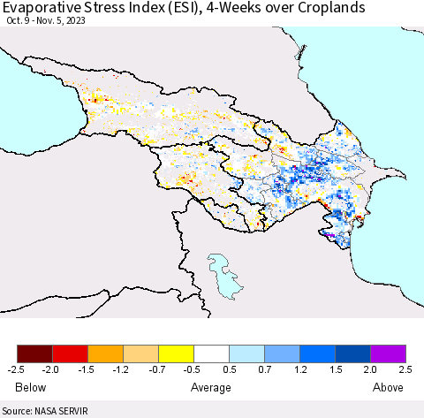Azerbaijan, Armenia and Georgia Evaporative Stress Index (ESI), 4-Weeks over Croplands Thematic Map For 10/30/2023 - 11/5/2023