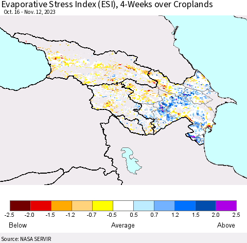 Azerbaijan, Armenia and Georgia Evaporative Stress Index (ESI), 4-Weeks over Croplands Thematic Map For 11/6/2023 - 11/12/2023