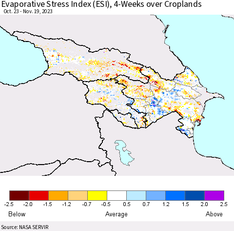 Azerbaijan, Armenia and Georgia Evaporative Stress Index (ESI), 4-Weeks over Croplands Thematic Map For 11/13/2023 - 11/19/2023