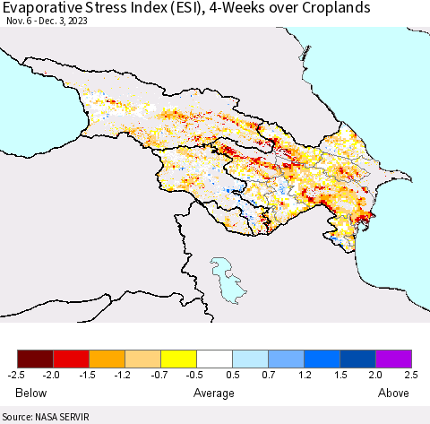 Azerbaijan, Armenia and Georgia Evaporative Stress Index (ESI), 4-Weeks over Croplands Thematic Map For 11/27/2023 - 12/3/2023