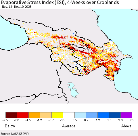 Azerbaijan, Armenia and Georgia Evaporative Stress Index (ESI), 4-Weeks over Croplands Thematic Map For 12/4/2023 - 12/10/2023