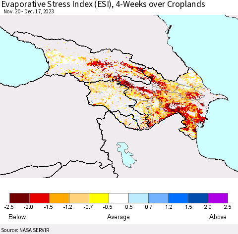 Azerbaijan, Armenia and Georgia Evaporative Stress Index (ESI), 4-Weeks over Croplands Thematic Map For 12/11/2023 - 12/17/2023