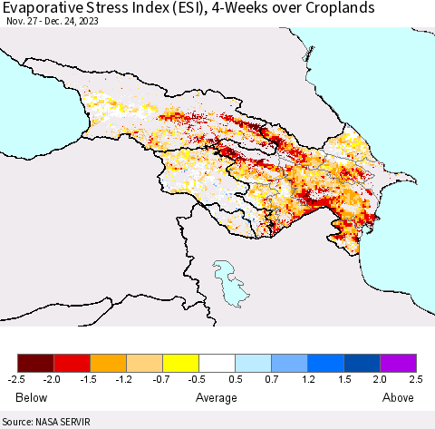 Azerbaijan, Armenia and Georgia Evaporative Stress Index (ESI), 4-Weeks over Croplands Thematic Map For 12/18/2023 - 12/24/2023