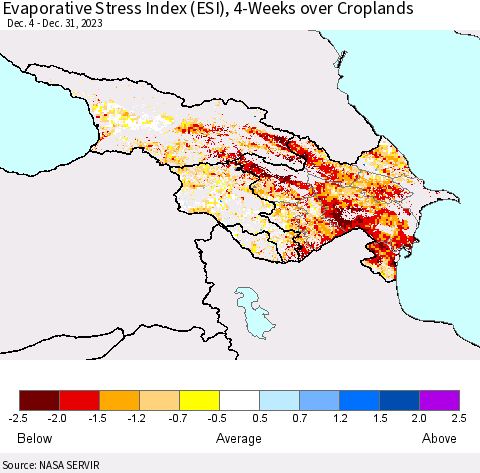 Azerbaijan, Armenia and Georgia Evaporative Stress Index (ESI), 4-Weeks over Croplands Thematic Map For 12/25/2023 - 12/31/2023