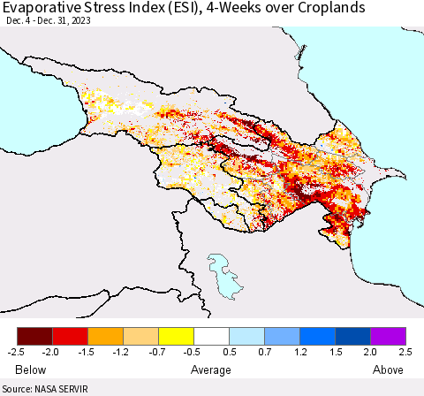 Azerbaijan, Armenia and Georgia Evaporative Stress Index (ESI), 4-Weeks over Croplands Thematic Map For 1/1/2024 - 1/7/2024