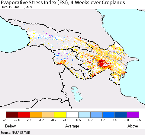 Azerbaijan, Armenia and Georgia Evaporative Stress Index (ESI), 4-Weeks over Croplands Thematic Map For 1/15/2024 - 1/21/2024