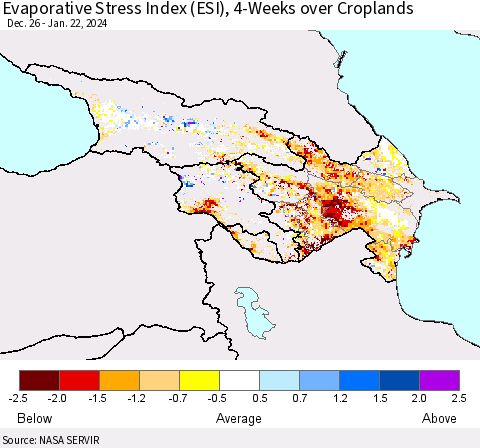 Azerbaijan, Armenia and Georgia Evaporative Stress Index (ESI), 4-Weeks over Croplands Thematic Map For 1/22/2024 - 1/28/2024