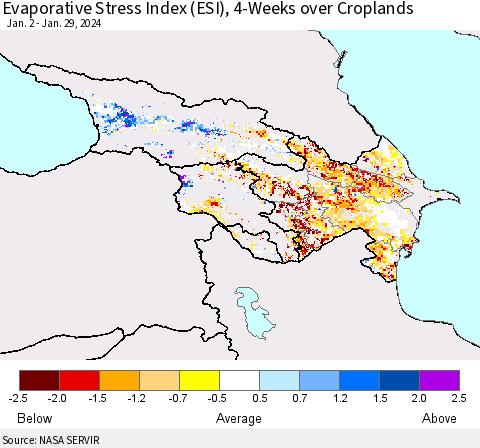 Azerbaijan, Armenia and Georgia Evaporative Stress Index (ESI), 4-Weeks over Croplands Thematic Map For 1/29/2024 - 2/4/2024