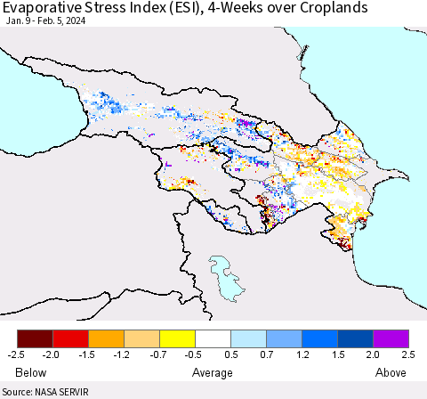 Azerbaijan, Armenia and Georgia Evaporative Stress Index (ESI), 4-Weeks over Croplands Thematic Map For 2/5/2024 - 2/11/2024