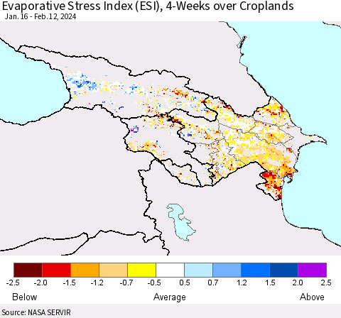 Azerbaijan, Armenia and Georgia Evaporative Stress Index (ESI), 4-Weeks over Croplands Thematic Map For 2/12/2024 - 2/18/2024