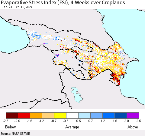 Azerbaijan, Armenia and Georgia Evaporative Stress Index (ESI), 4-Weeks over Croplands Thematic Map For 2/19/2024 - 2/25/2024