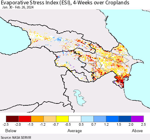 Azerbaijan, Armenia and Georgia Evaporative Stress Index (ESI), 4-Weeks over Croplands Thematic Map For 2/26/2024 - 3/3/2024