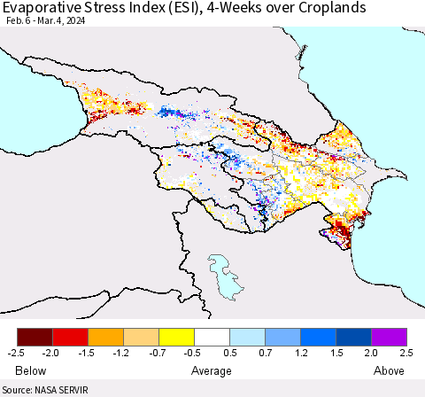 Azerbaijan, Armenia and Georgia Evaporative Stress Index (ESI), 4-Weeks over Croplands Thematic Map For 3/4/2024 - 3/10/2024