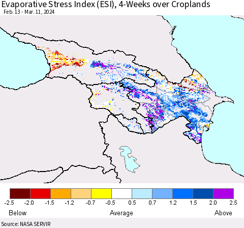 Azerbaijan, Armenia and Georgia Evaporative Stress Index (ESI), 4-Weeks over Croplands Thematic Map For 3/11/2024 - 3/17/2024