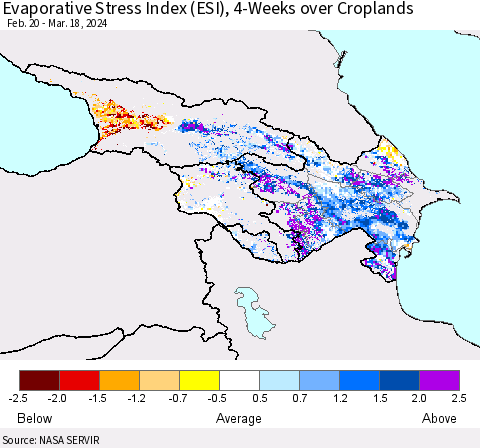 Azerbaijan, Armenia and Georgia Evaporative Stress Index (ESI), 4-Weeks over Croplands Thematic Map For 3/18/2024 - 3/24/2024