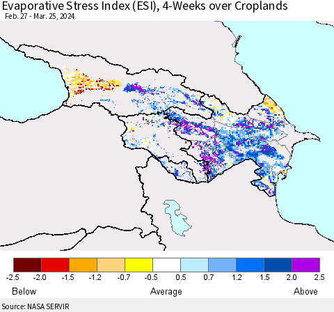 Azerbaijan, Armenia and Georgia Evaporative Stress Index (ESI), 4-Weeks over Croplands Thematic Map For 3/25/2024 - 3/31/2024