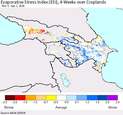Azerbaijan, Armenia and Georgia Evaporative Stress Index (ESI), 4-Weeks over Croplands Thematic Map For 4/1/2024 - 4/7/2024