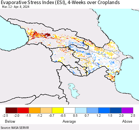 Azerbaijan, Armenia and Georgia Evaporative Stress Index (ESI), 4-Weeks over Croplands Thematic Map For 4/8/2024 - 4/14/2024