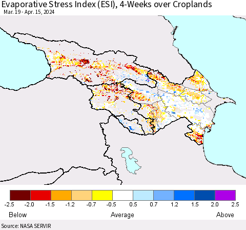 Azerbaijan, Armenia and Georgia Evaporative Stress Index (ESI), 4-Weeks over Croplands Thematic Map For 4/15/2024 - 4/21/2024