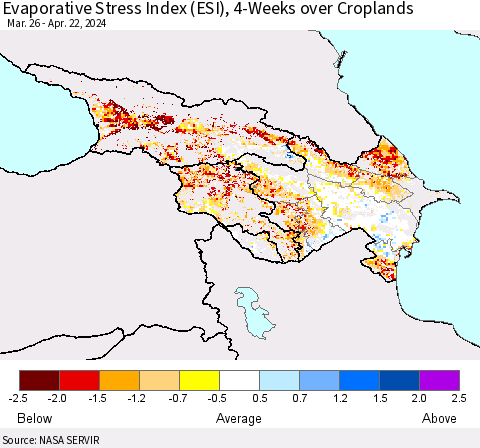 Azerbaijan, Armenia and Georgia Evaporative Stress Index (ESI), 4-Weeks over Croplands Thematic Map For 4/22/2024 - 4/28/2024