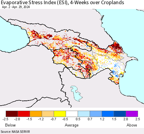 Azerbaijan, Armenia and Georgia Evaporative Stress Index (ESI), 4-Weeks over Croplands Thematic Map For 4/29/2024 - 5/5/2024