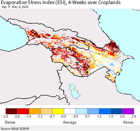 Azerbaijan, Armenia and Georgia Evaporative Stress Index (ESI), 4-Weeks over Croplands Thematic Map For 5/6/2024 - 5/12/2024