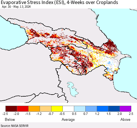Azerbaijan, Armenia and Georgia Evaporative Stress Index (ESI), 4-Weeks over Croplands Thematic Map For 5/13/2024 - 5/19/2024
