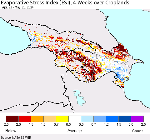 Azerbaijan, Armenia and Georgia Evaporative Stress Index (ESI), 4-Weeks over Croplands Thematic Map For 5/20/2024 - 5/26/2024
